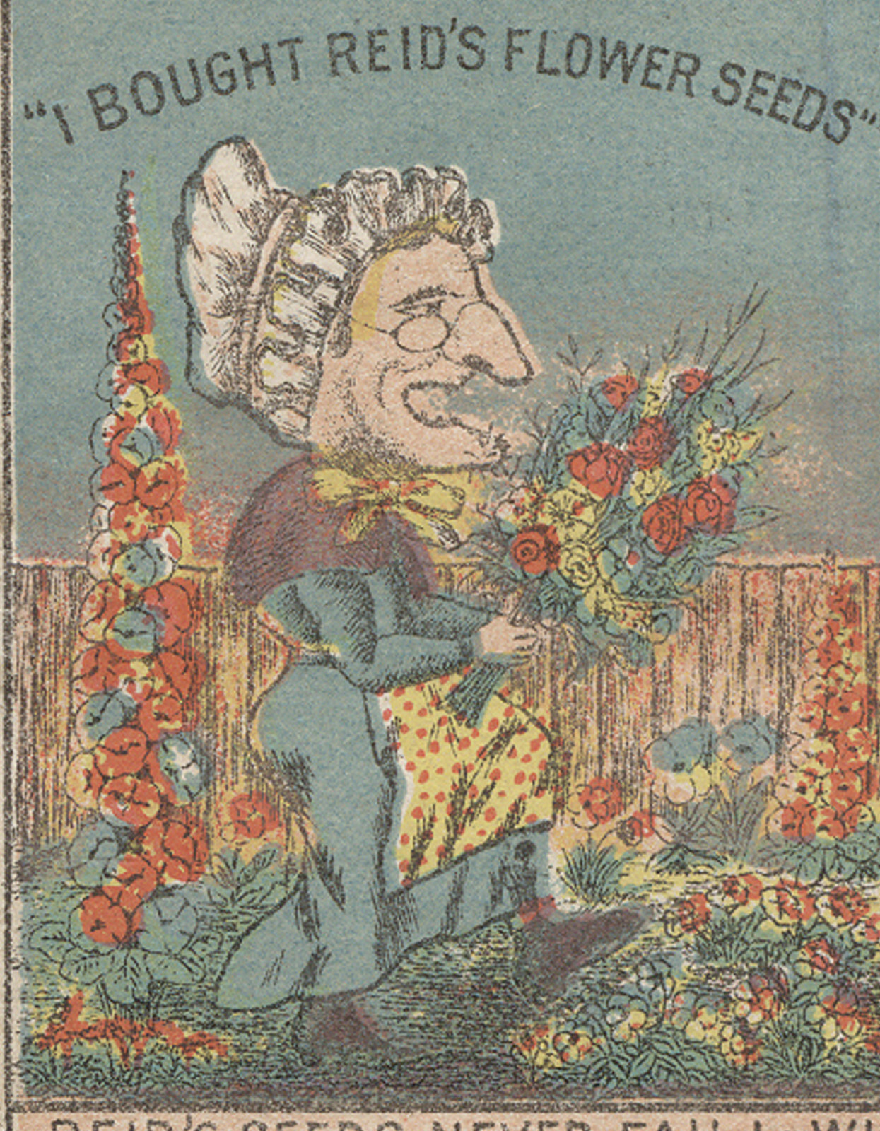 REIDS SEEDS TRADE CARD, OLD SMART LADY HAPPY WITH FLOWERS, ANOTHER UPSET V726