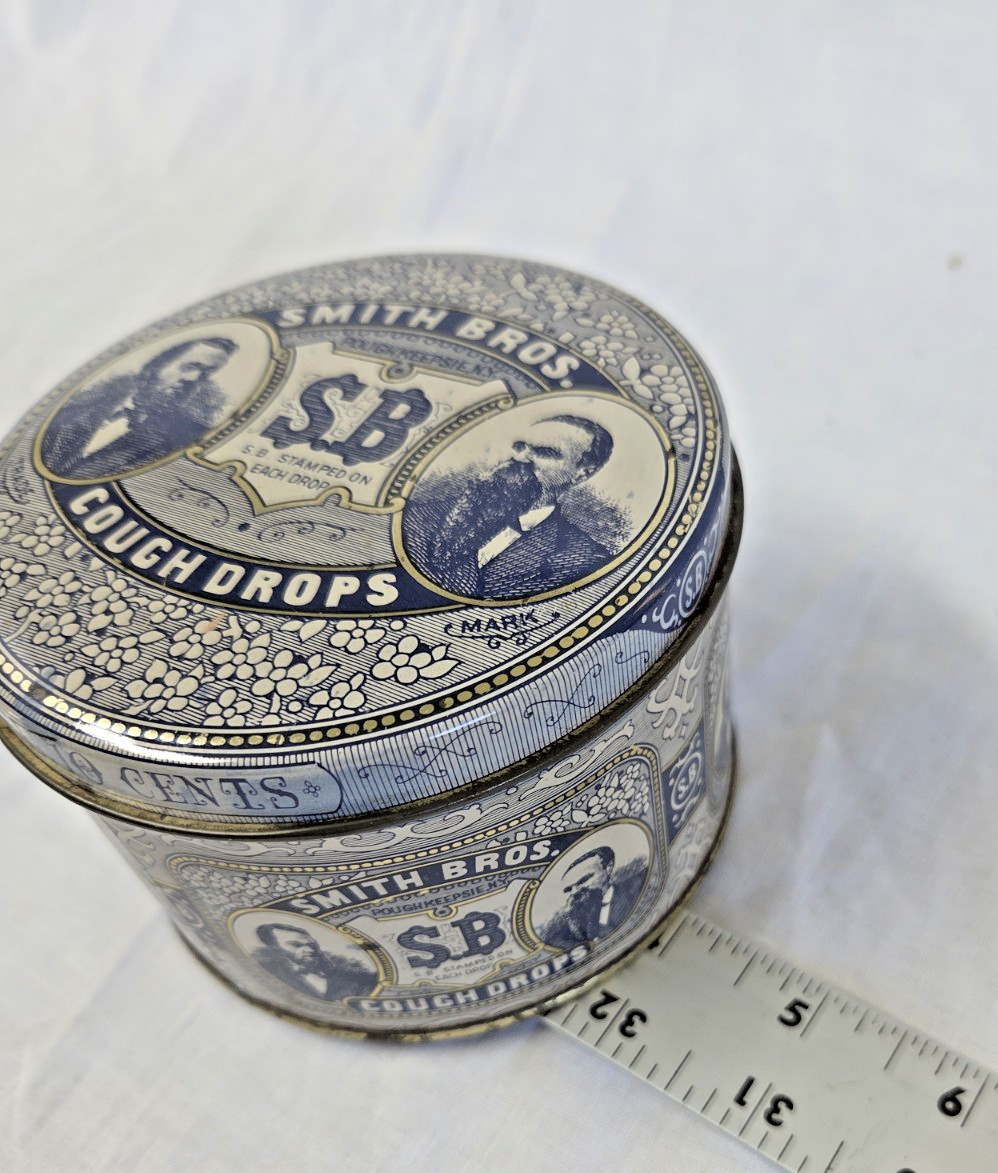 Antique Smith Bros. SB Round Cough Drops Tin Price 10 Cents Blue White