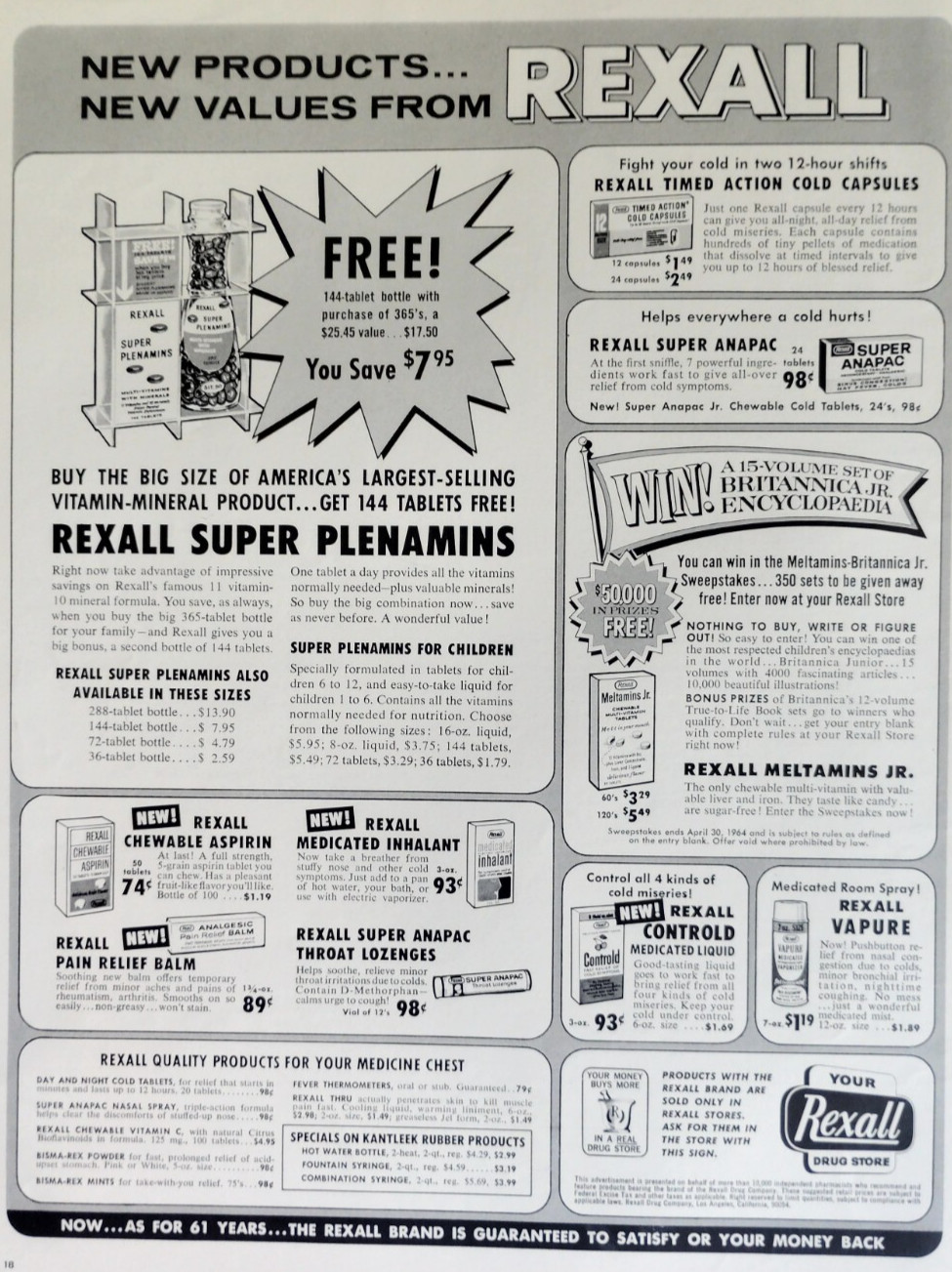 Vintage 1964 Ad Rexall Drug Store New Products New Values Meltamins Jr