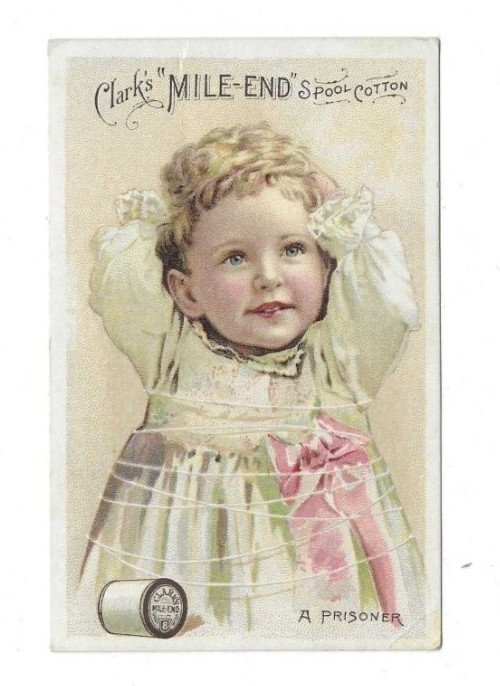 Old Trade Card Clark’s MILE-END Spool Cotton Thread Sewing Blonde Girl Prisoner