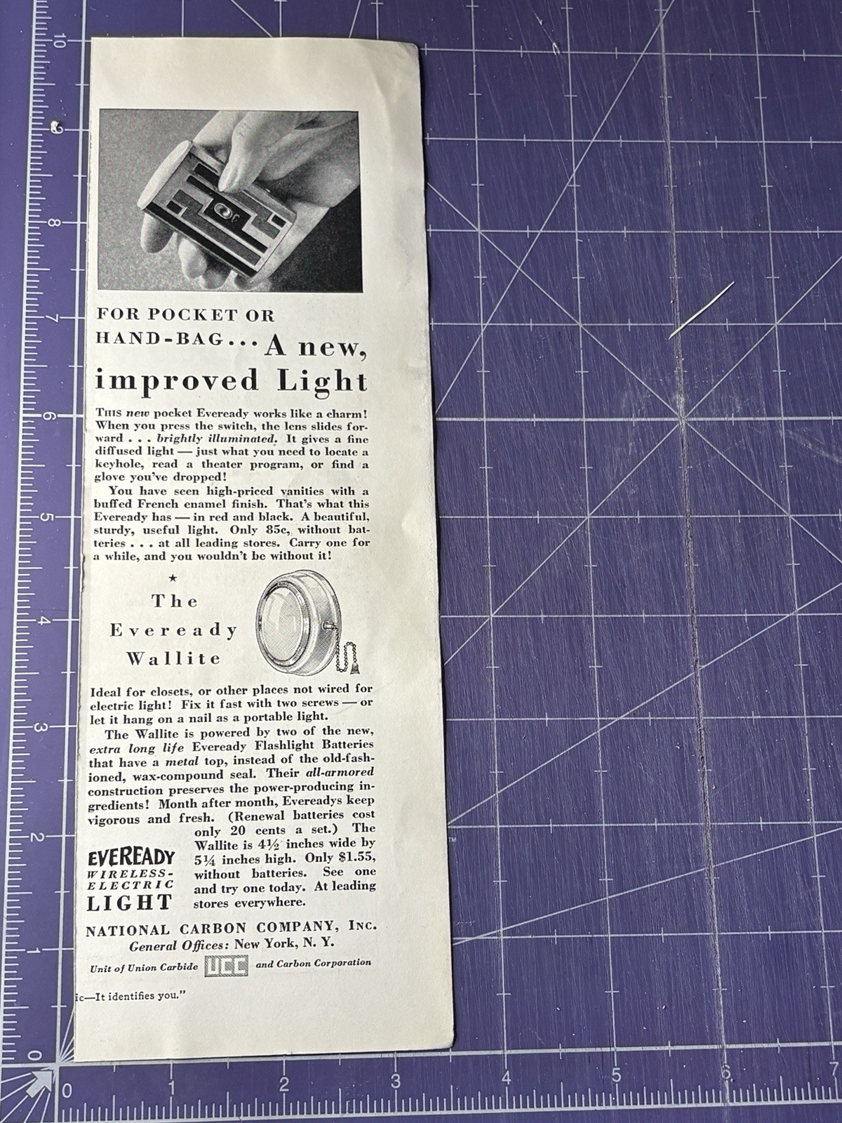 1932 PRINT AD EVEREADY WALLITE NATIONAL CARBON COMPANY UNION CARBIDE UCC