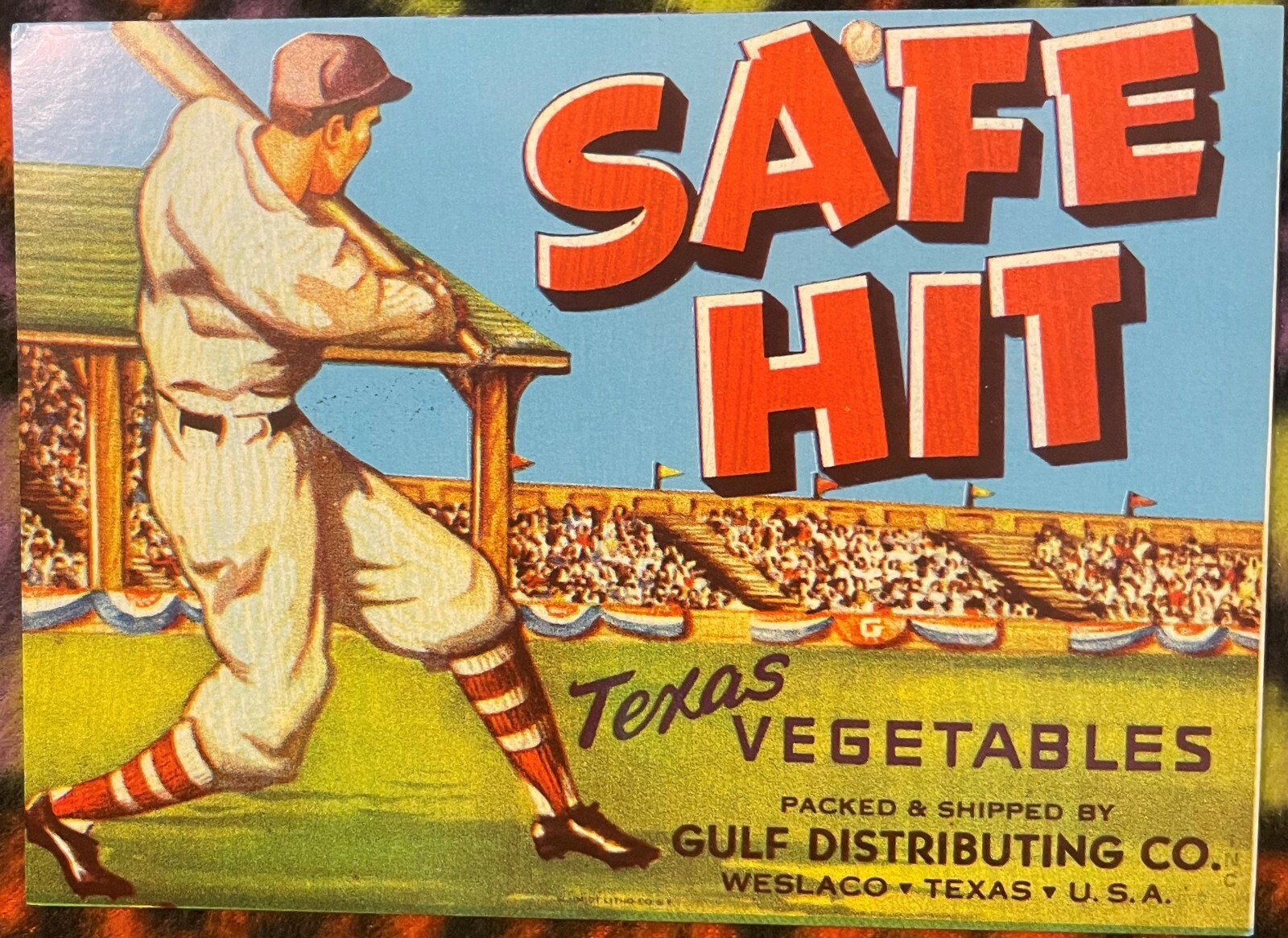 Vintage 1950s Safe Hit Baseball Crate Label, Weslaco, TX ⚾ 🌭