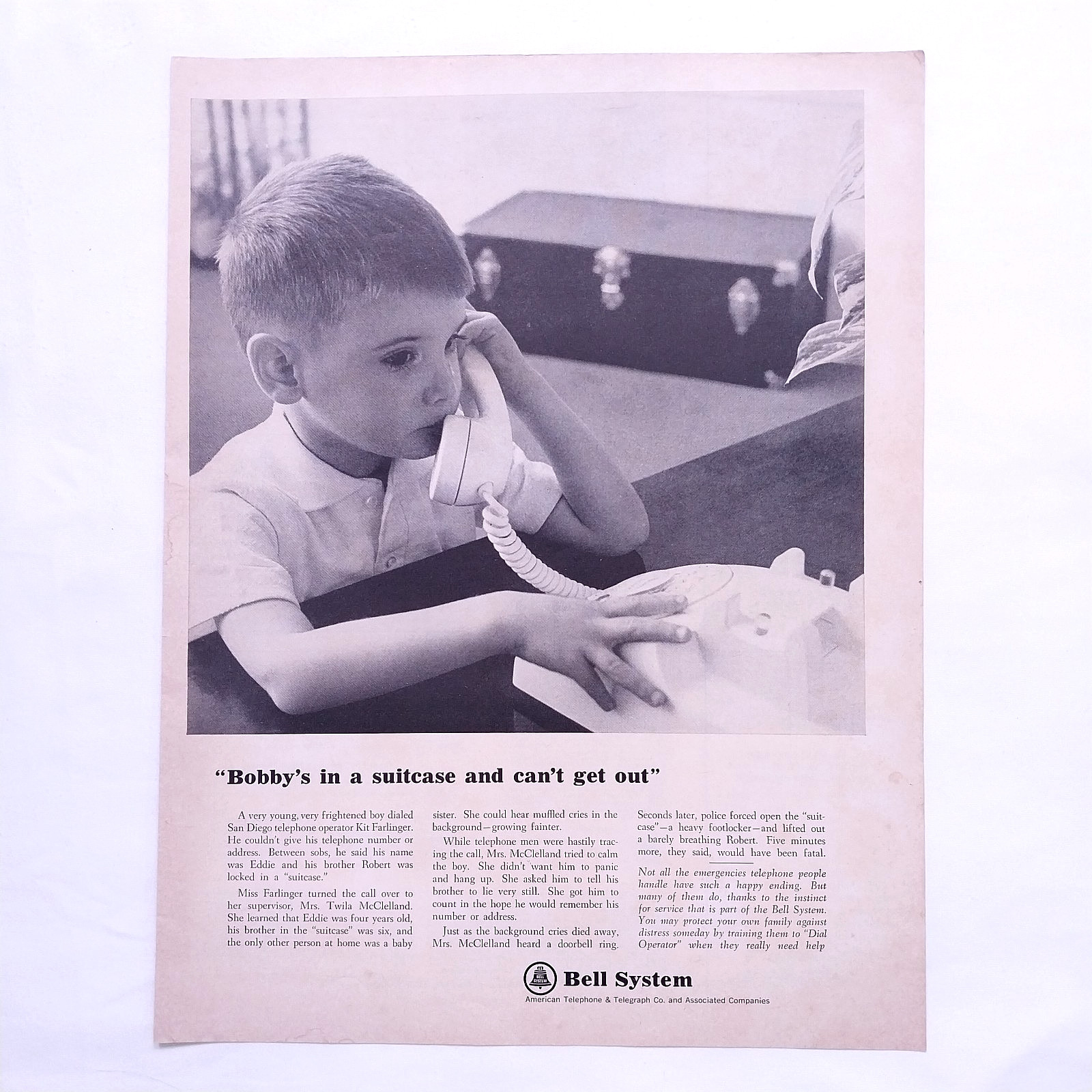 1964 Bell Telephone System Bobby’s In The Suitcase Vintage Print Ad – B&W Advert
