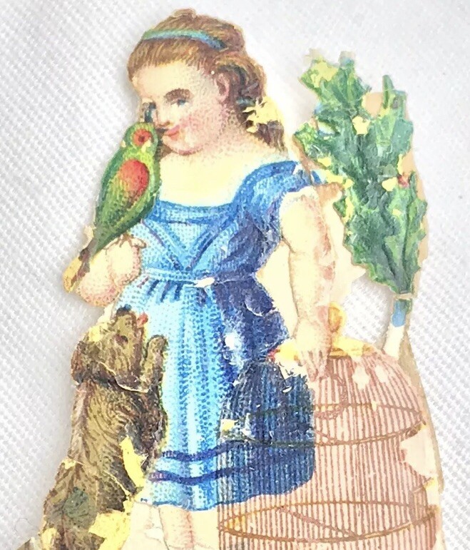 1880’s Fancy Girl Bird Cage Dog Holly Die Cut Victorian Card Child Animals Dress