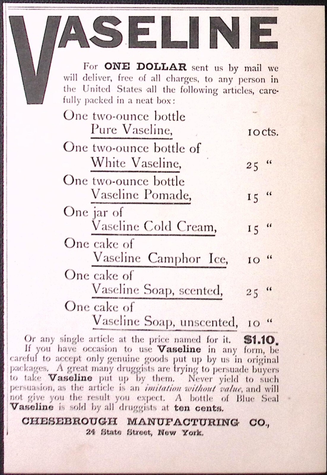 1891 Vaseline Sold By All Druggists Cheeseboro Manufacturing Print Ad 5 x 7.5″