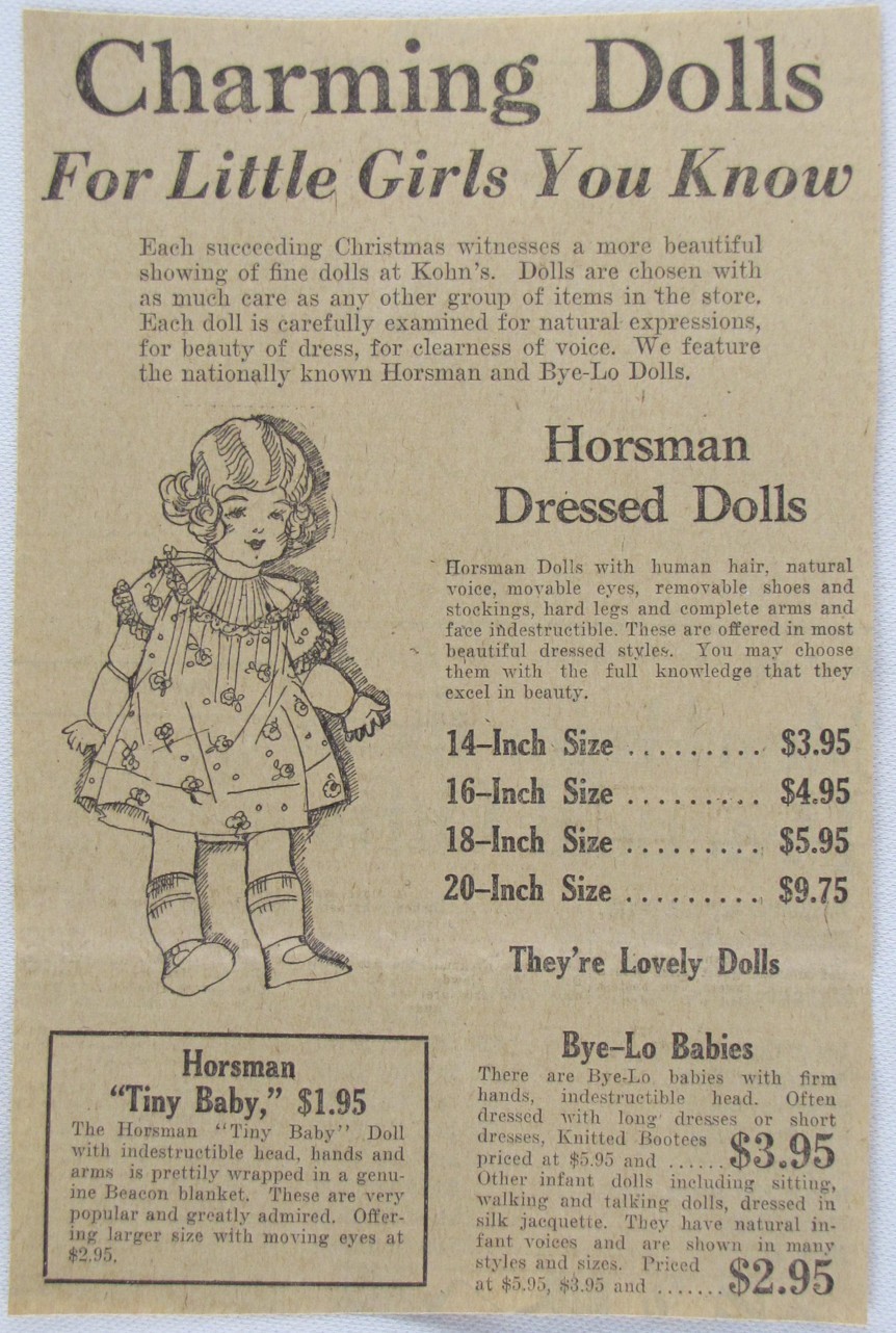 Vintage 1926 Horsman Hair Doll Newspaper Print Ad