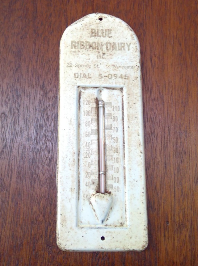 Vintage BLUE RIBBON DAIRY Farm Advertising Milk Thermometer Sign Worcester MASS