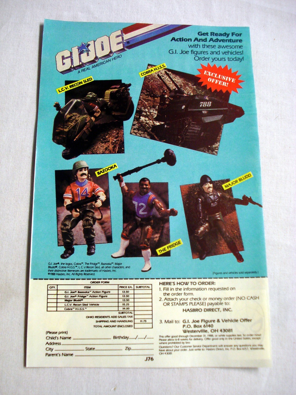 1988 Hasbro Ad G.I.Joe The Fridge, Bazooka, Major Budd, Cobra H.I.S.S.