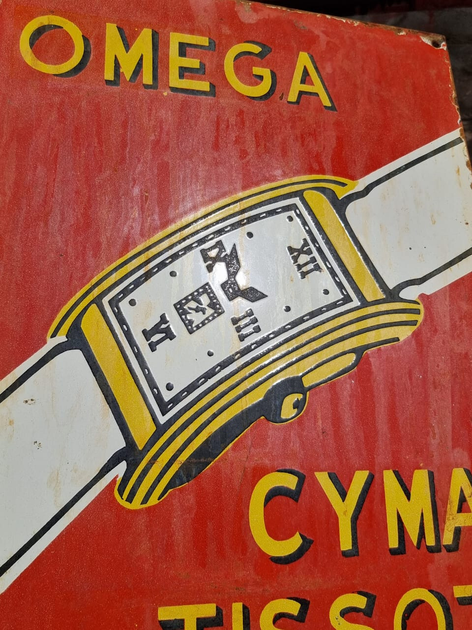 Vintage Old Antique Rare Omega Cyma Tissot Watches Porcelain Enamel Sign Board