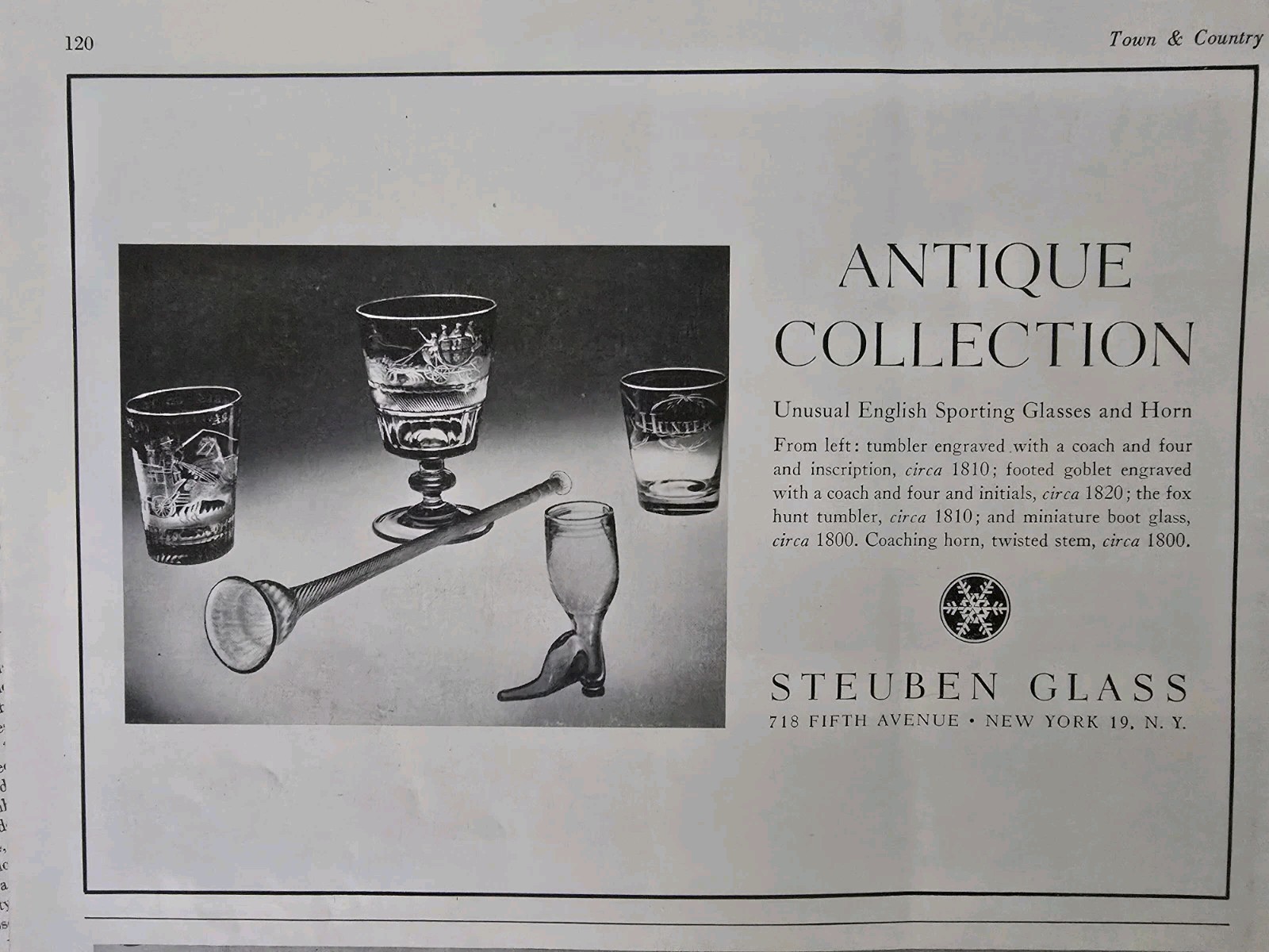 1949 Steuben Antique Collection English Sporting Glass and Horn vintage Ad
