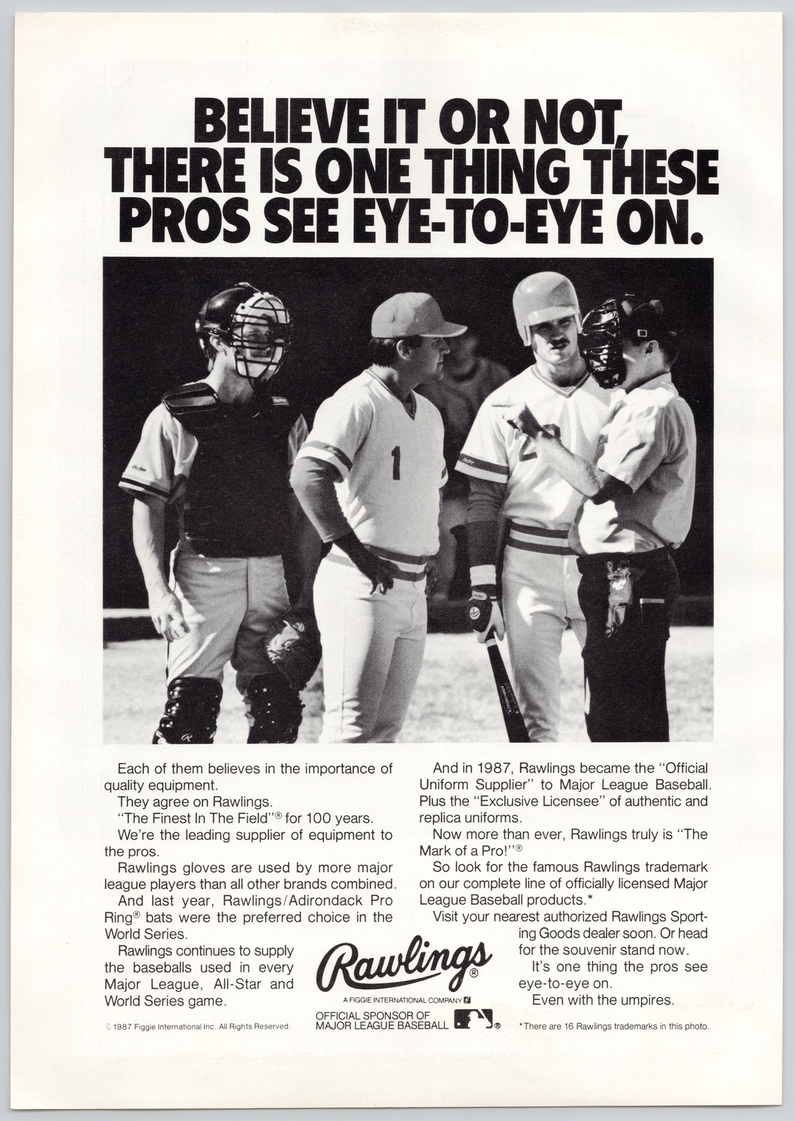Rawlings Baseball Equipment Gloves MLB Pros 1987 Vintage Print Ad