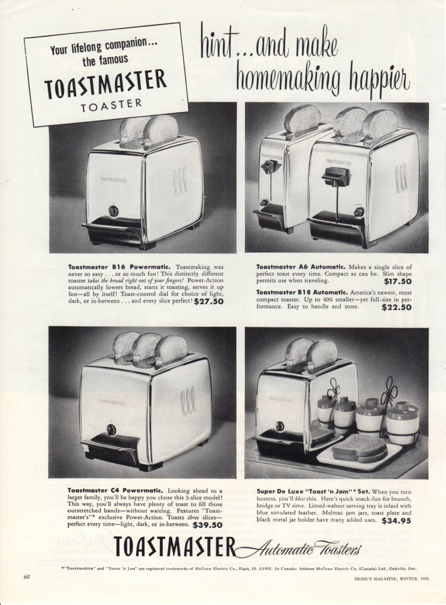 Vintage advertising print ad 1955 Toastmaster Toaster 5 Models Kitchen appliance