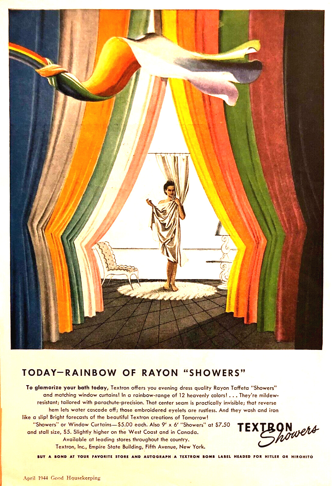 TEXTRON RAYON SHOWER CURTAINS—VINTAGE 1940s MAGAZINE PRINT AD—WITH WWII MESSAGE