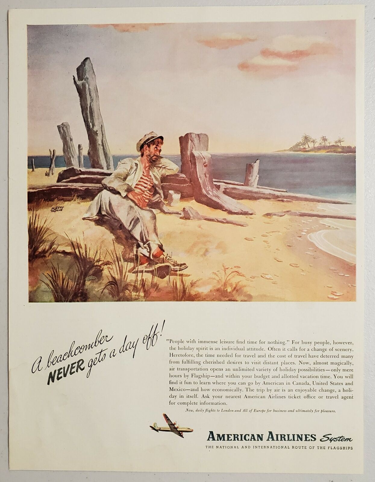 1946 Print Ad American Airlines System Beachcomber Relaxes Drawn by Albert Dorne