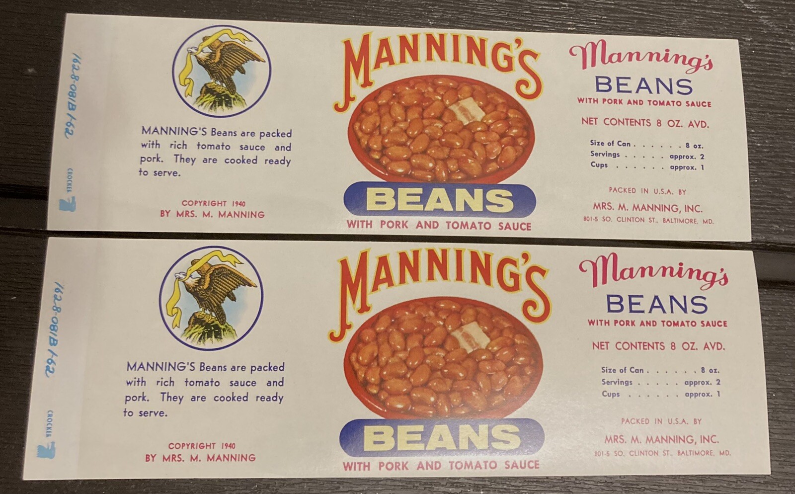 Mannings Beans 1940’s Vintage Can Labels Lot of 2