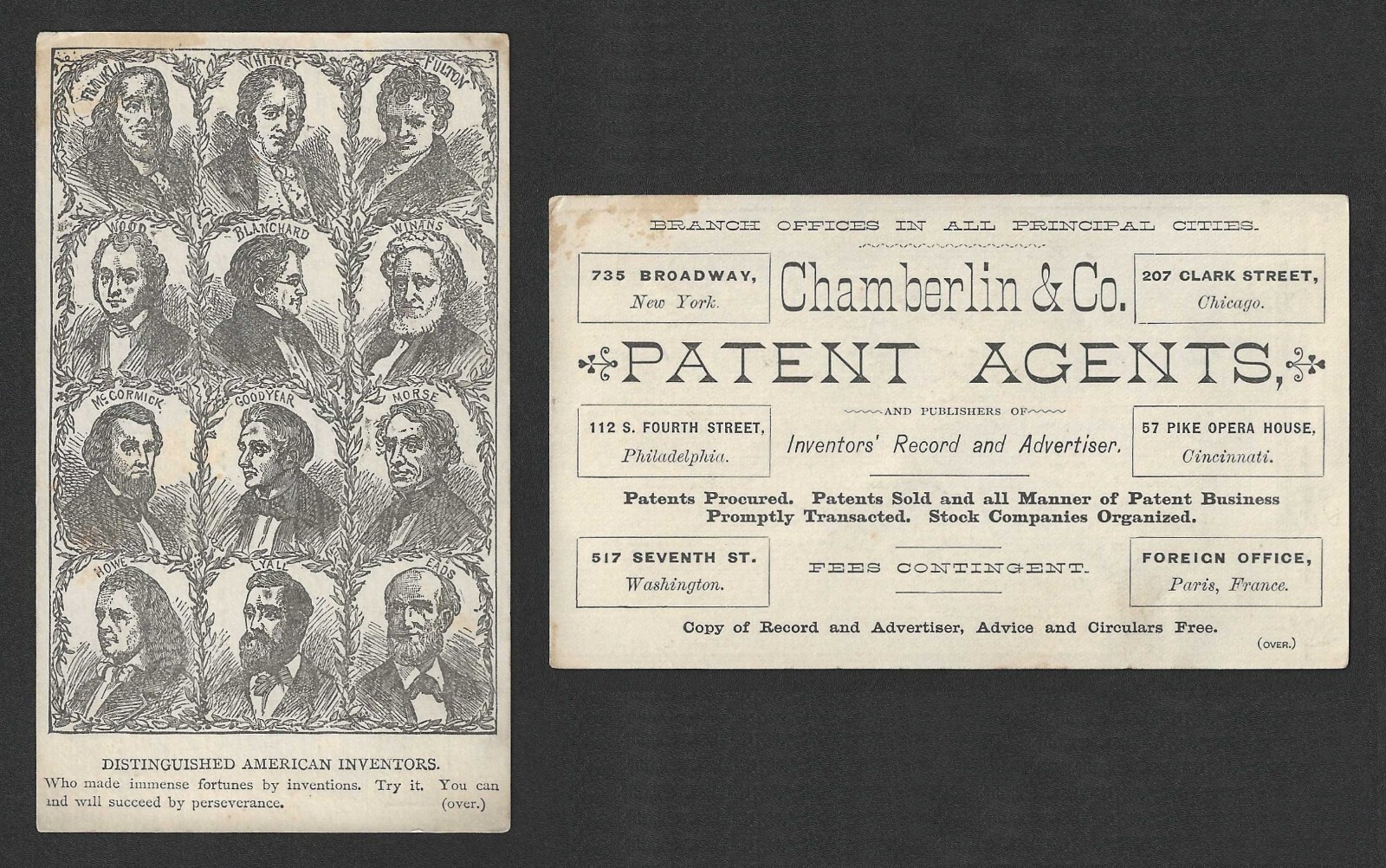 c1880s Chamberlin Patent Agents Trade Card – Inventors Franklin, Whitney, Fulton