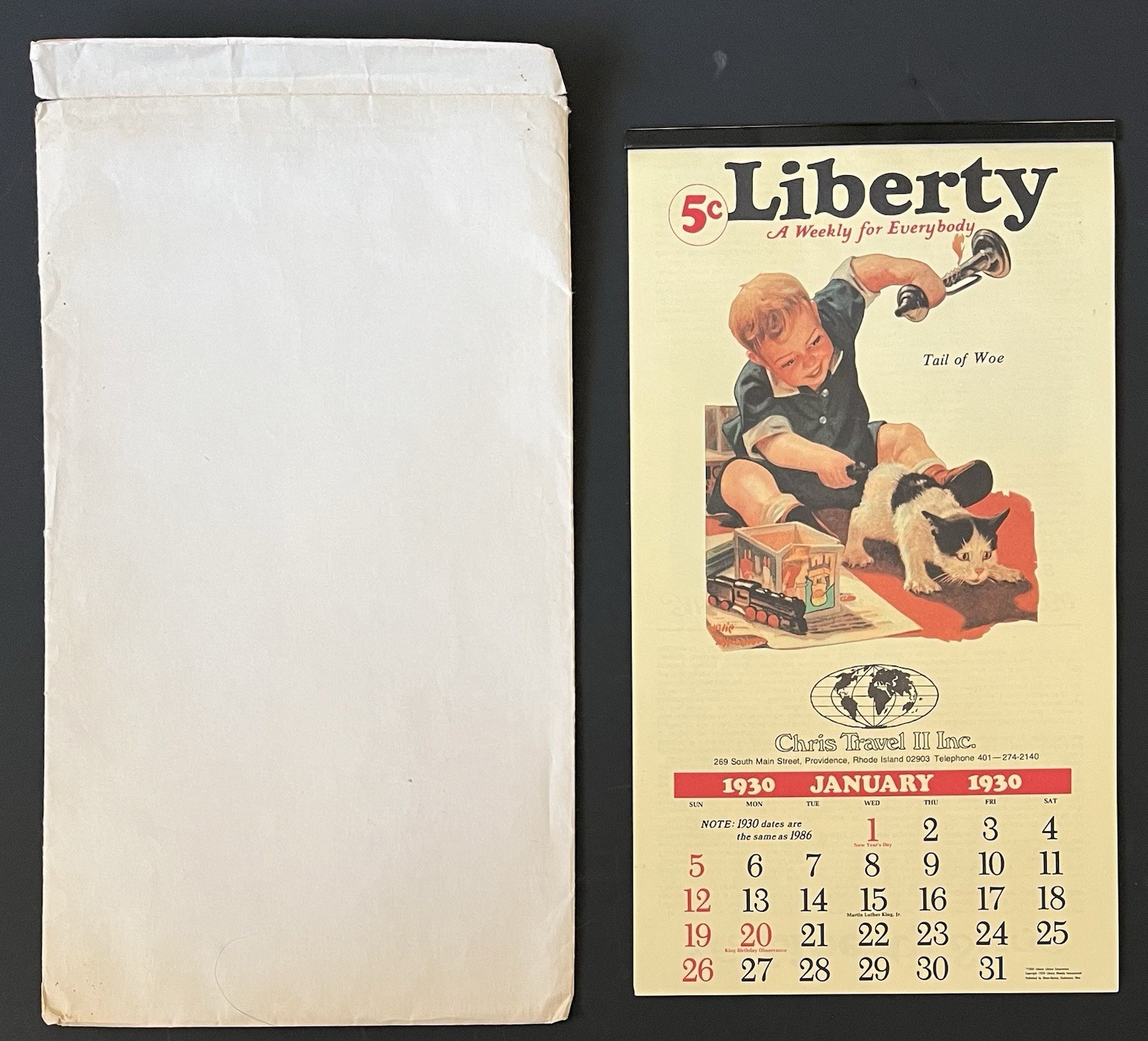 1930/1986 Liberty Magazine Calendar Reprint Chris Travel Providence RI Ads