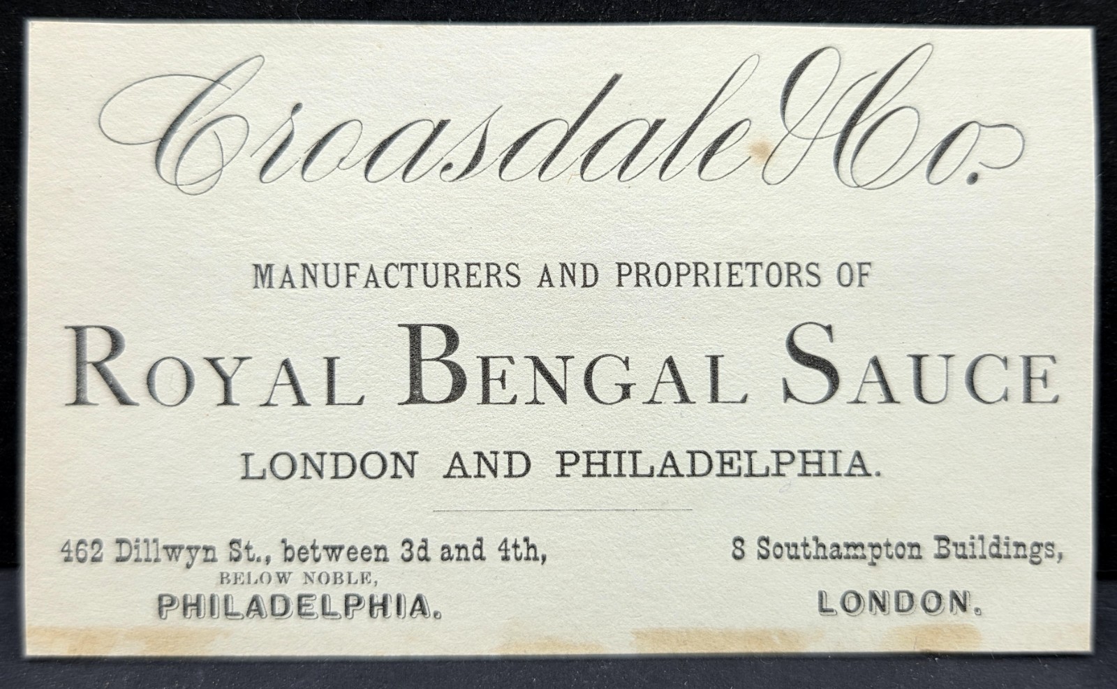 1876 Philadelphia Exposition Croasdale & Co. Royal Bengal Sauce Business Card