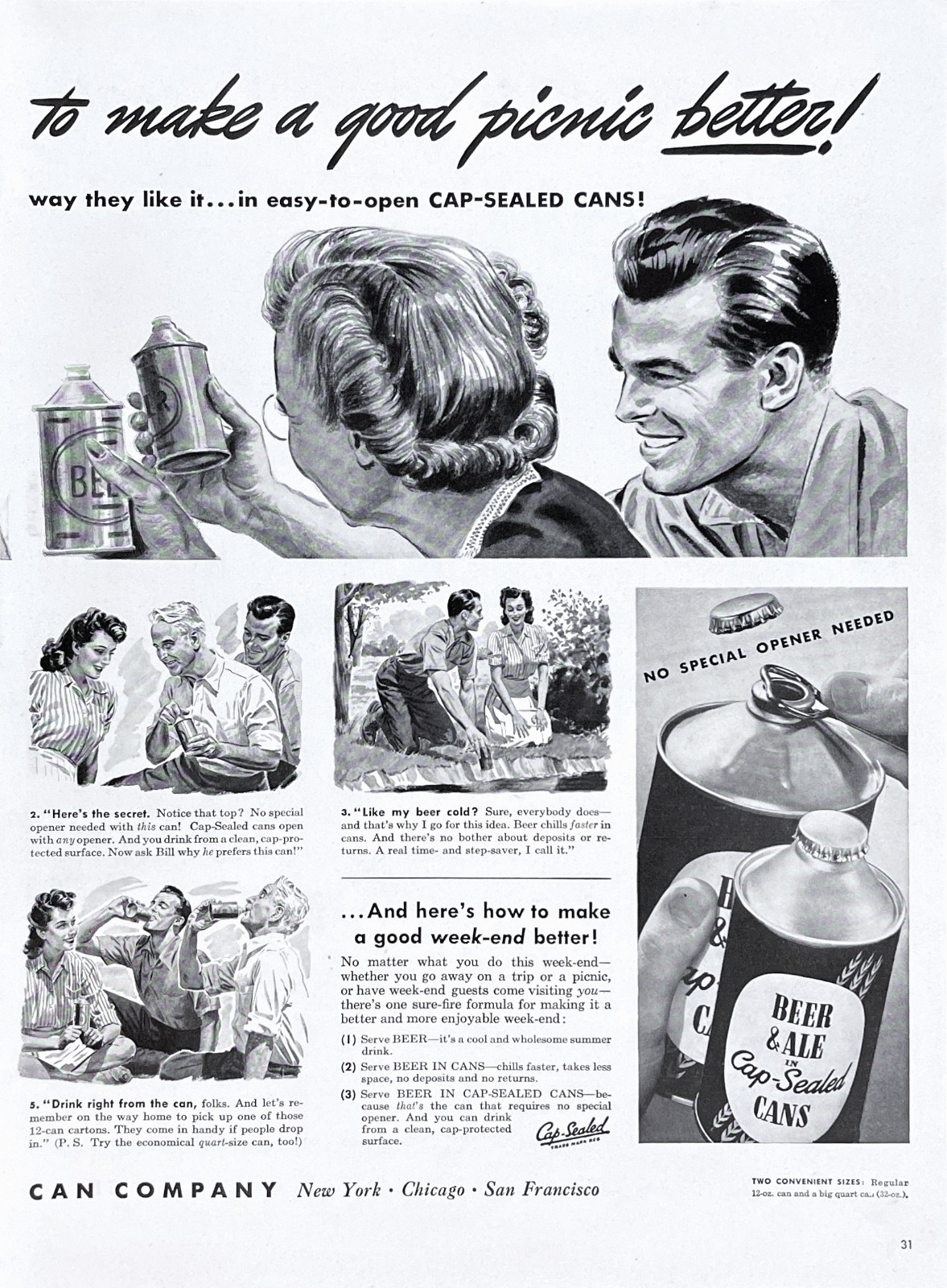 Continental Can Company Beer & Ale Sealed Cone Top Cans 1944 Vtg Mag Print Ad