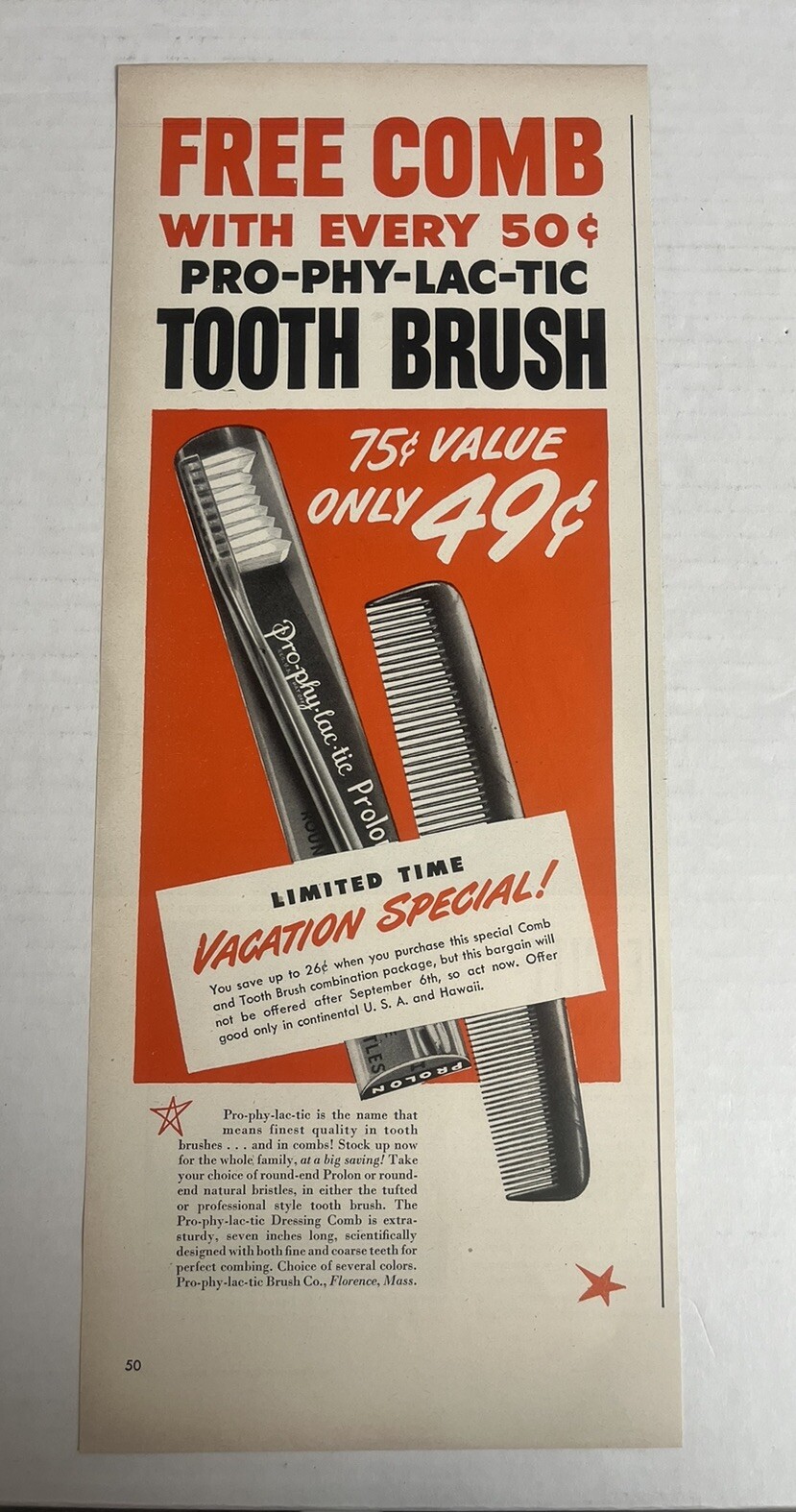 1948 Pro-Phy-Lac-Tic Toothbrush Free Comb Vacation Special Print Ad