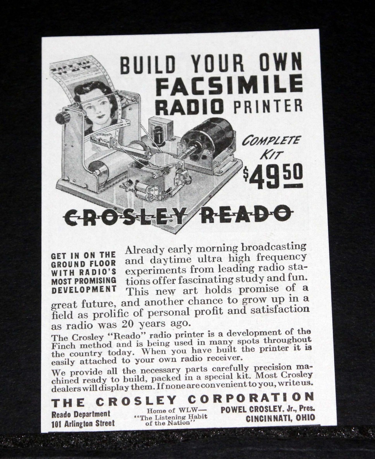 1939 OLD MAGAZINE PRINT AD, THE CROSLEY READO-BUILD A FACSIMILE RADIO PRINTER!