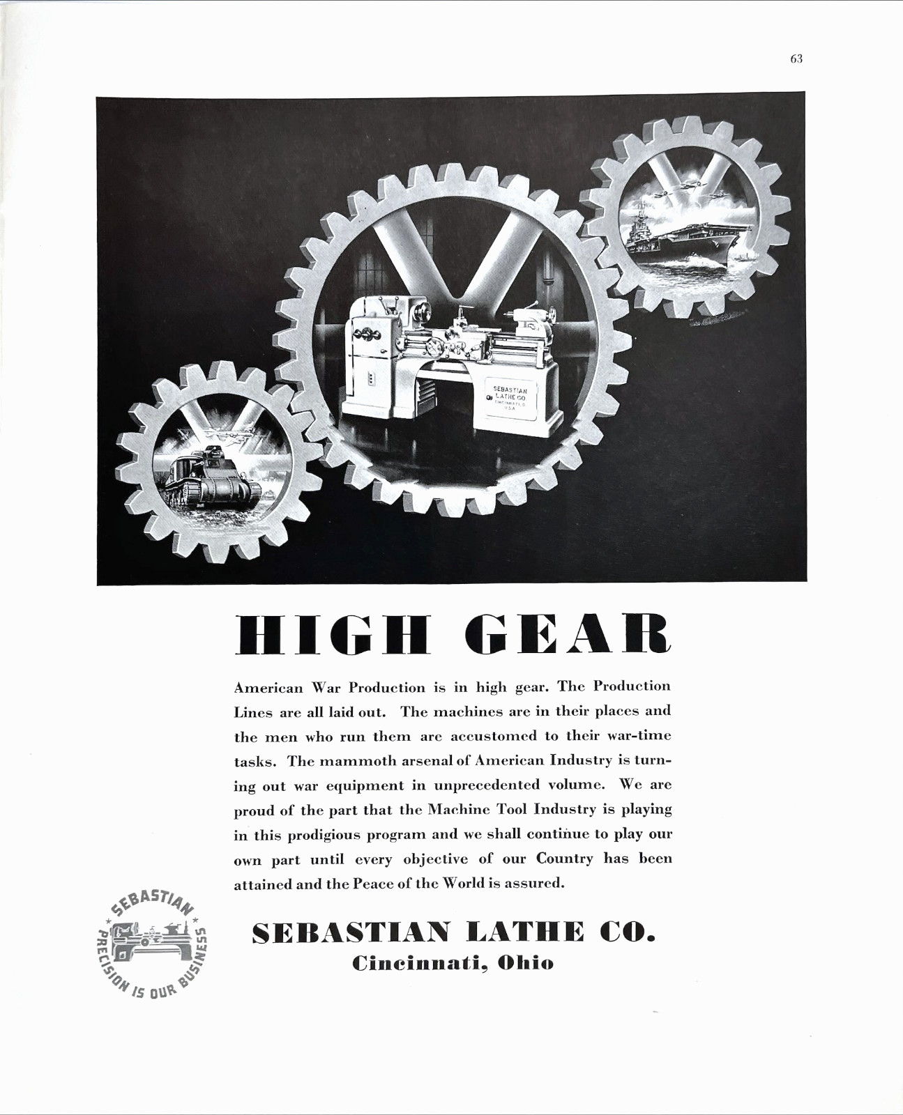 Sebastian Lathe Co Cincinnati Ohio High Gear Now 1942 Fortune Magazine Print Ad