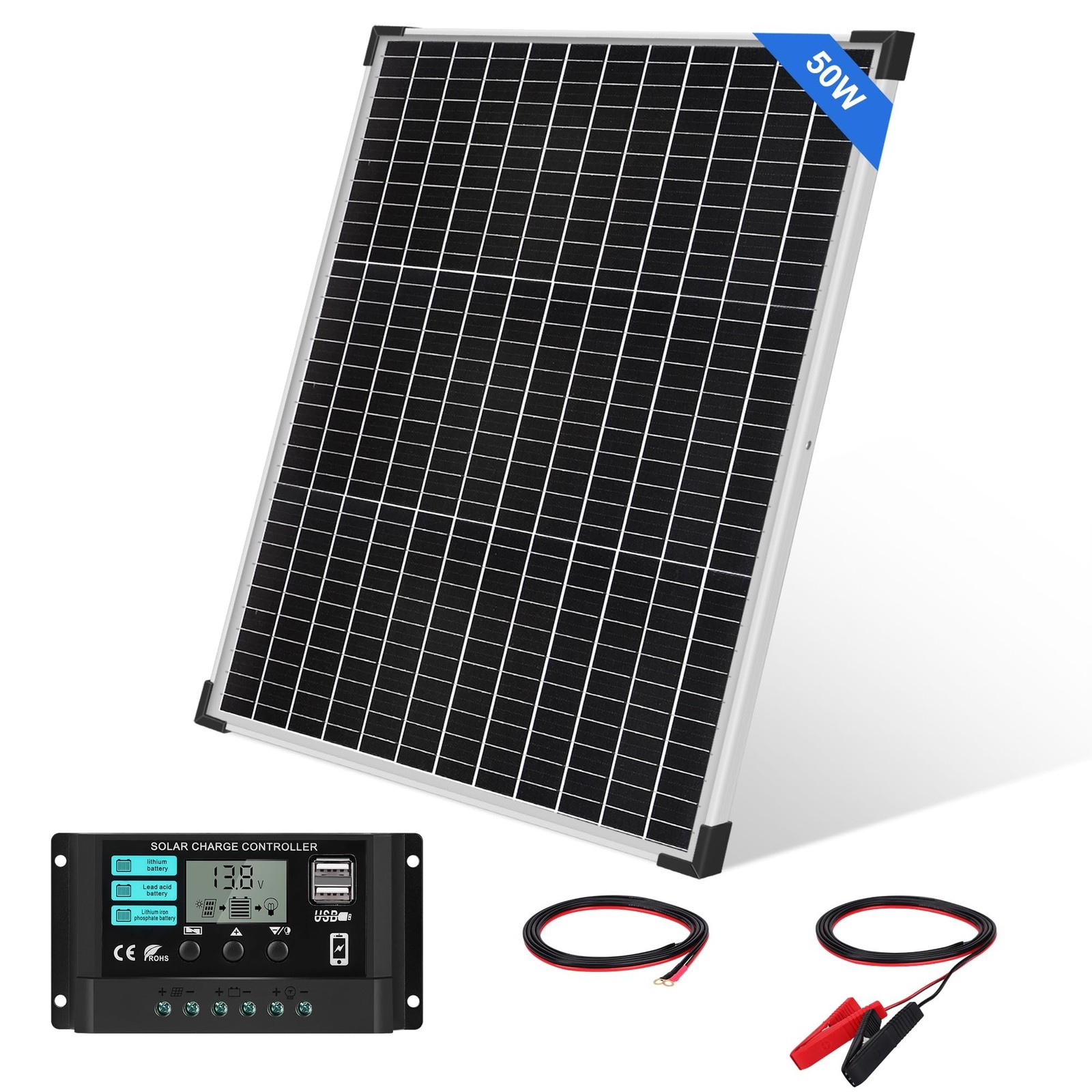 50W Solar Panel Kit with 12V/24V 10A PWM Charge Controller High Efficiency Mo…
