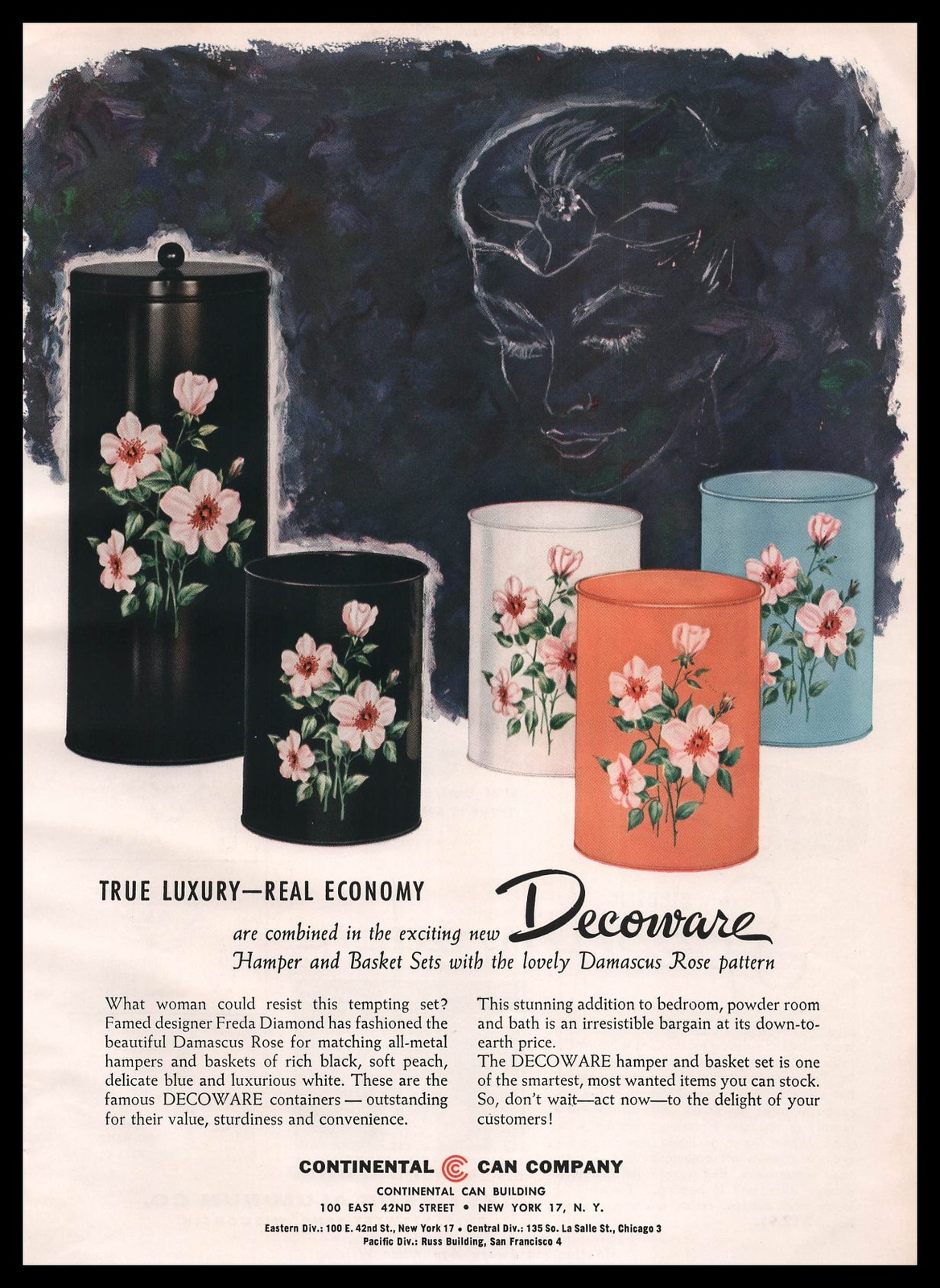 1954 Continental Can Co. New York Decoware Hamper & Basket Sets Vintage Print Ad
