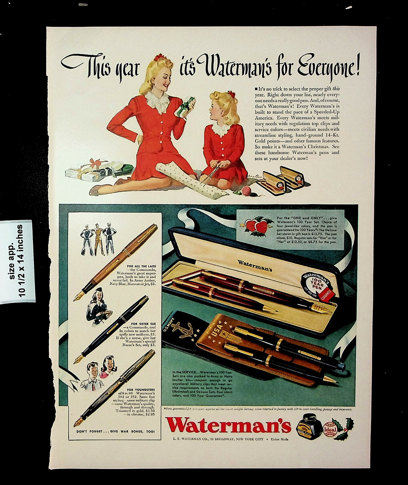 1942 Waterman’s Blue Black Ink Pen Set Christmas Gift Vintage Print Ad 25275