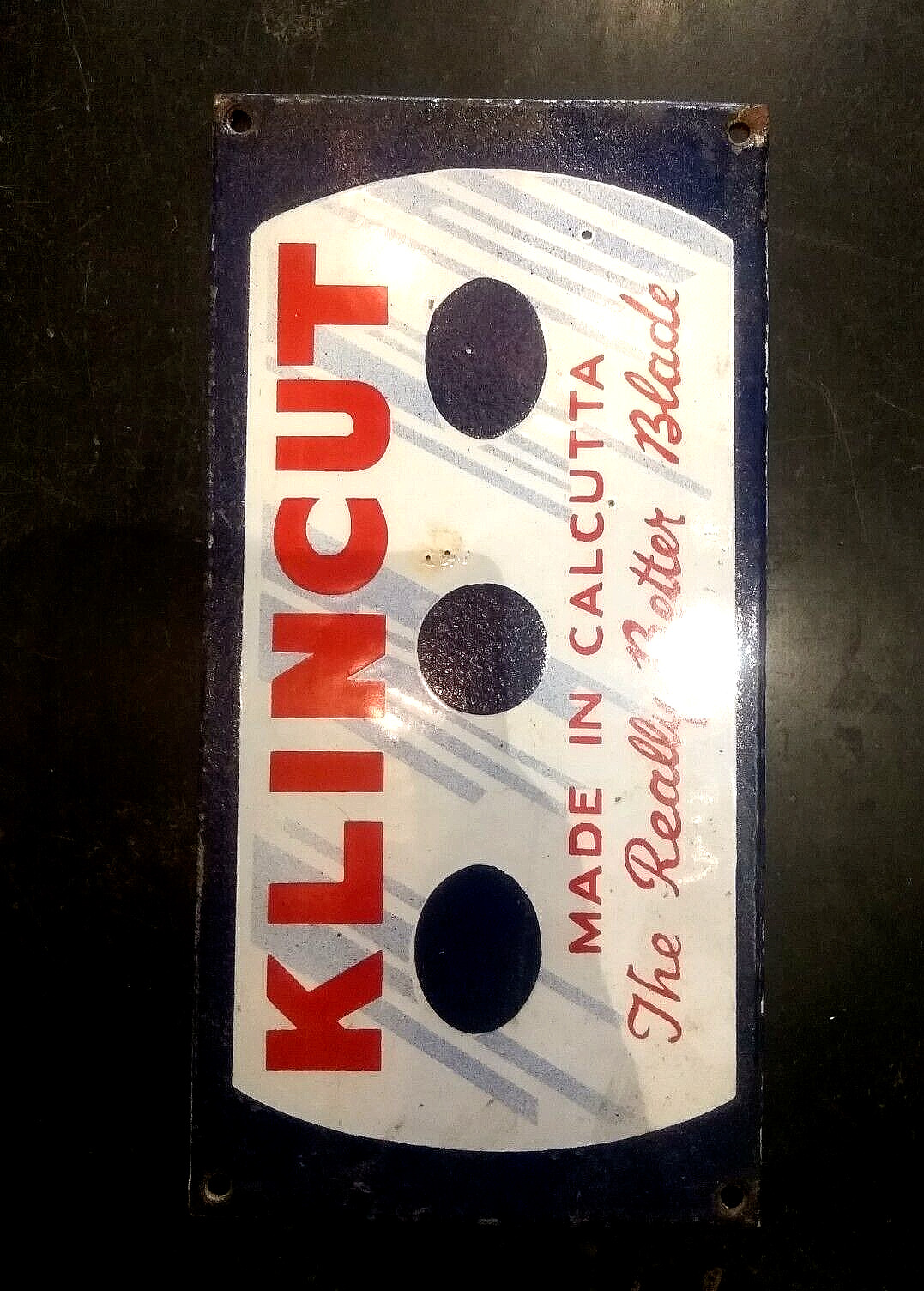 VINTAGE OLD ORIGINAL PORCELAIN ENAMEL SIGN KLINCUT BLADE CUTOUT GRAPHICS 1950