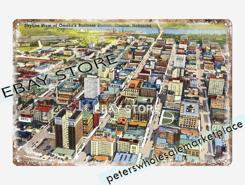 1930-45 Skyline Omaha’s Business District, Omaha, Nebraska tin sign