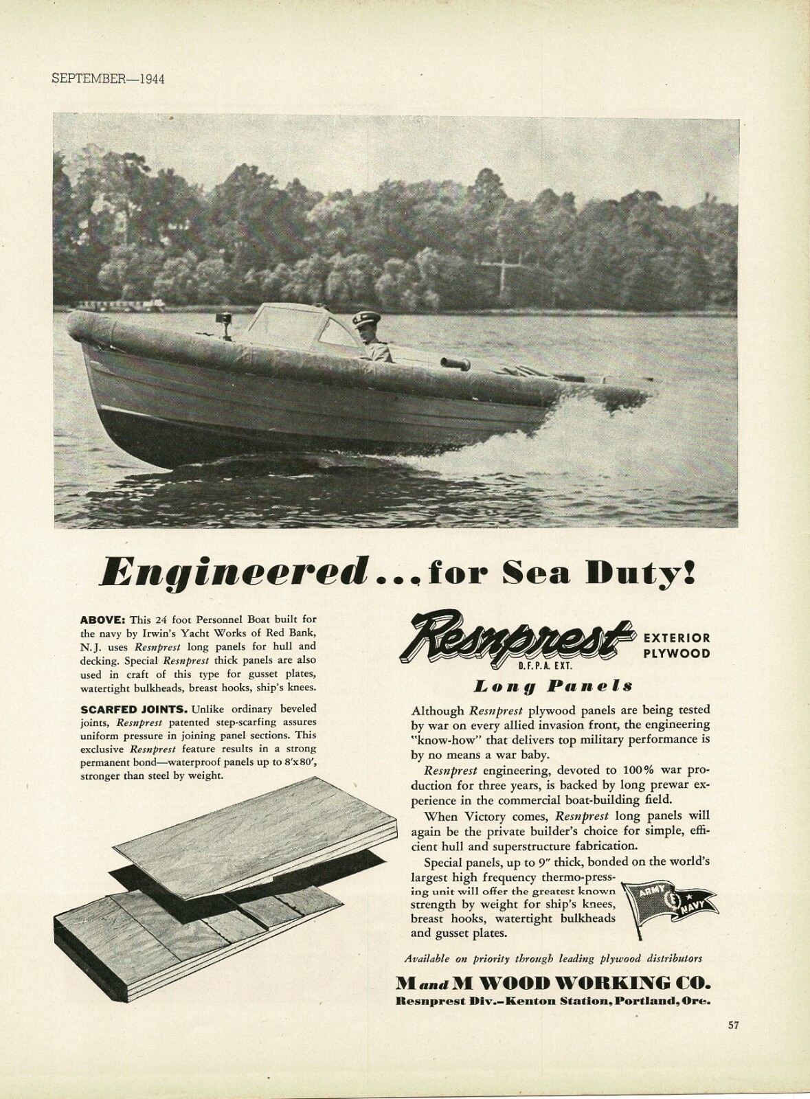 1944 M & M Wood Working Co Plywood WWII USN 24′ Personnel Boat Vintage Print Ad