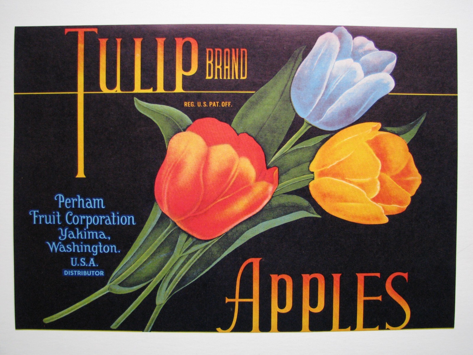 Original TULIP half box apple crate label Yakima, WA Perham flowers art deco