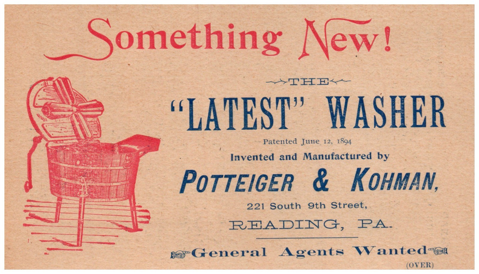 1894 Invented by Potteiger & Kohman Latest Washer Clothes Wringer Trade Card