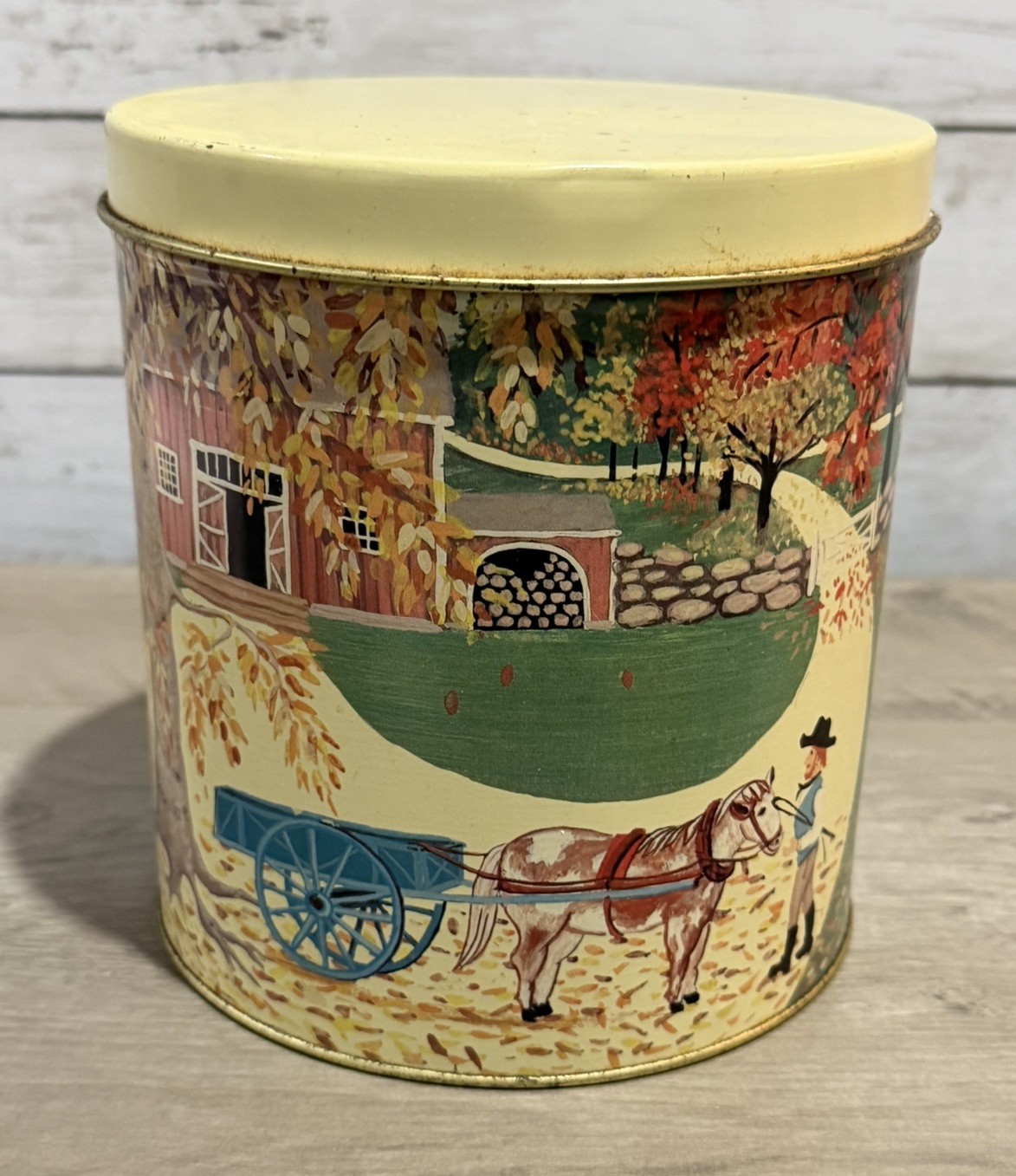 Meister Tin Box Farm Scene Made in Brazil Canister Storage 6.5” Tall