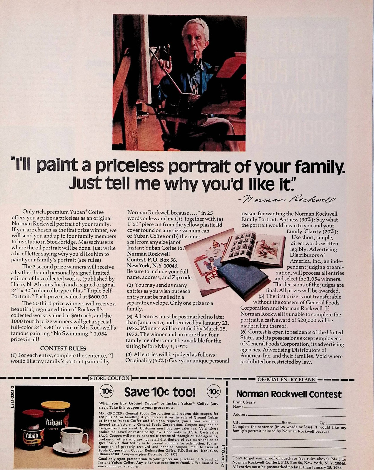 1971 Norman Rockwell Portrait of Family Contest Yuban Coffee Print Ad Life Nov 5