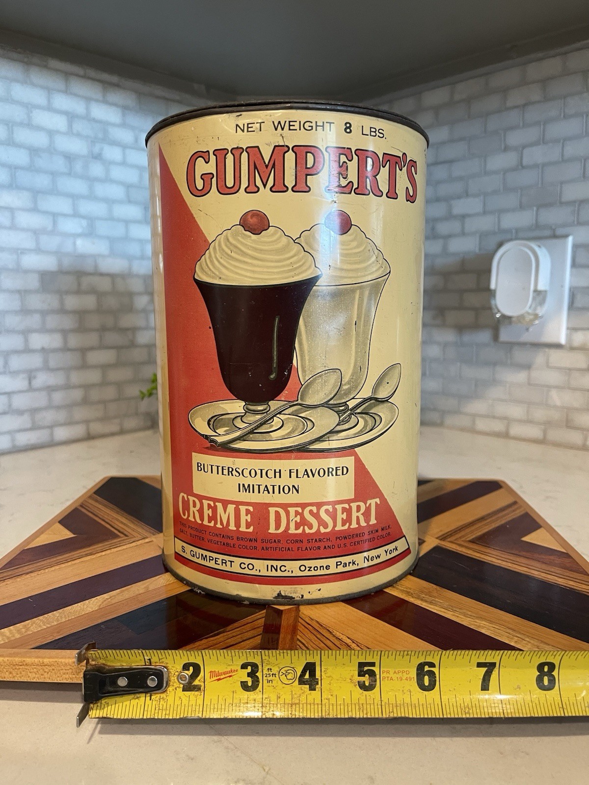 S. Gumpert Co. Creme Dessert Butterscotch Advertising Tin Yellow Red Black