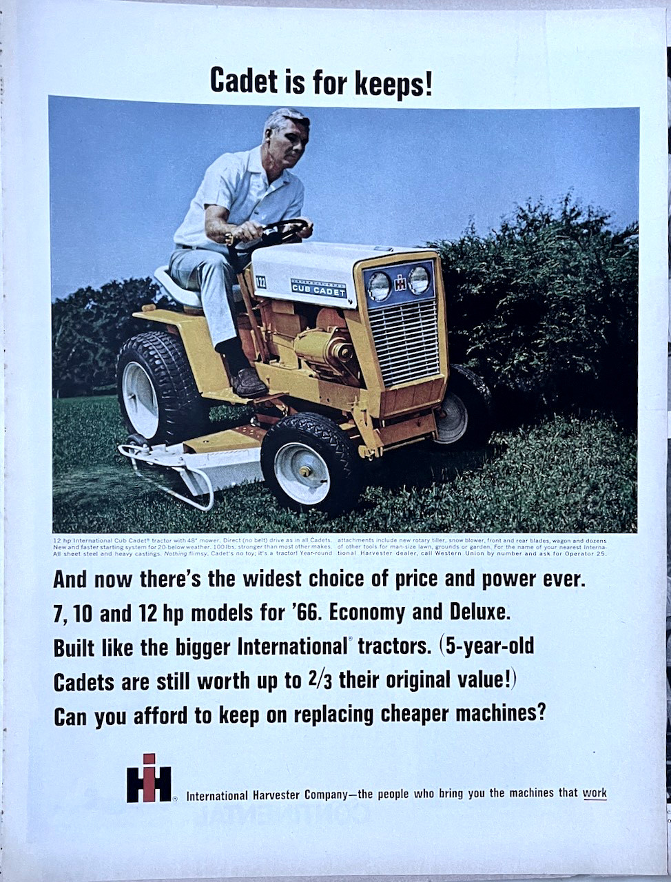 1966 magazine ad for International Cub Cadet lawn tractor – Cadet is for Keeps!