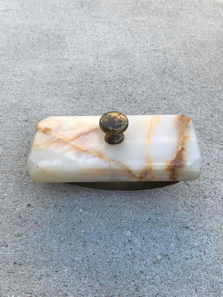 Vintage Alabaster Marble with & Brass Knob 5″ Wide Desk Ink Blotter