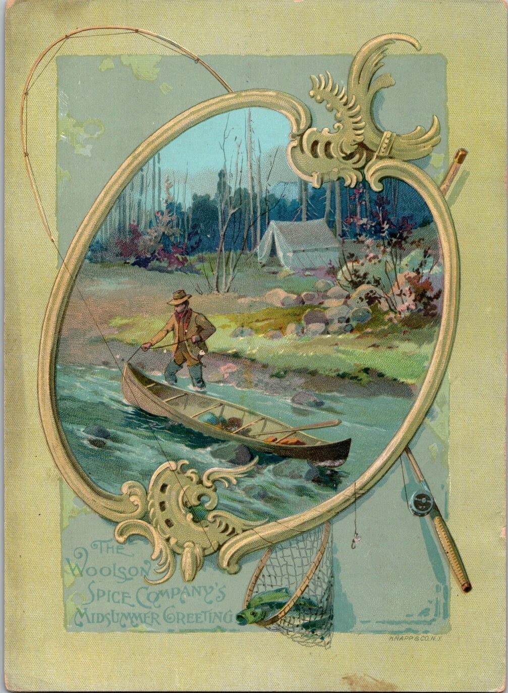 Woolson Spice Co Lion Coffee Man Camping Fishing Canoe Victorian Trade Card