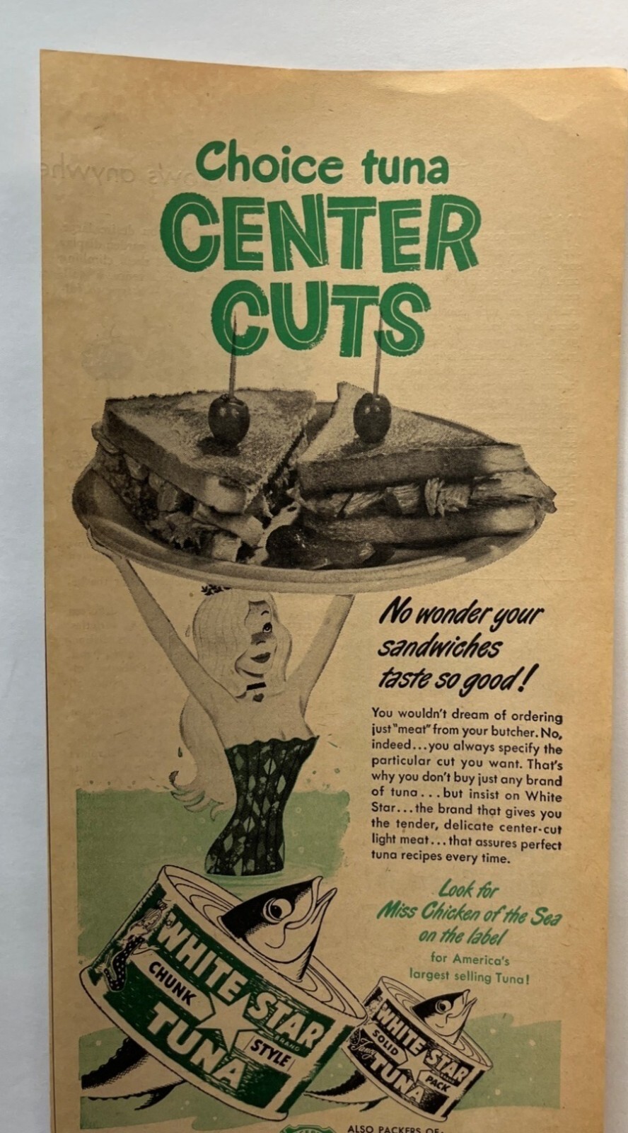 White Star Tuna Vintage Print Ad 1950s Mermaid sandwich Retro Kitchen Design