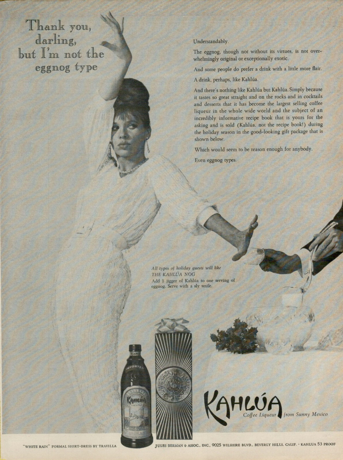 1963 Kahlua Coffee Liqueur From Mexico Egg Nog White-Rain Dress VINTAGE PRINT AD