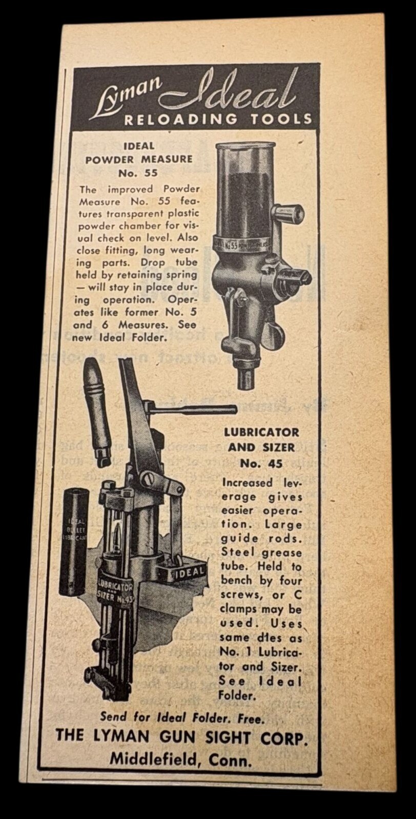 Lyman Gun Sight Corp Vintage Print Ad 1940s Reloading Tools Middlefield CT