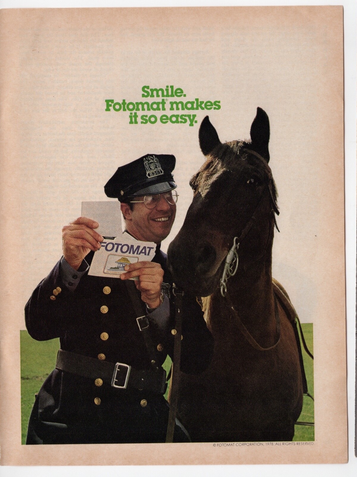 vintage 1970s magazine ad FOTOMAT Photo Cop & Horse Police Officer defunct store