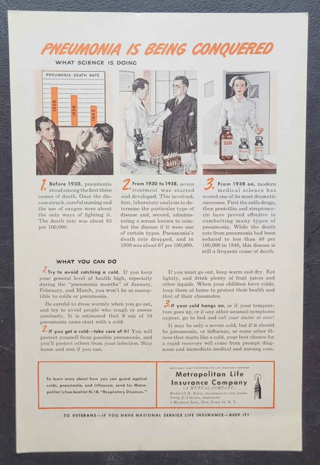 1948 Met Life Insurance Pneumonia Conquered Vintage Print Ad Health Life a214