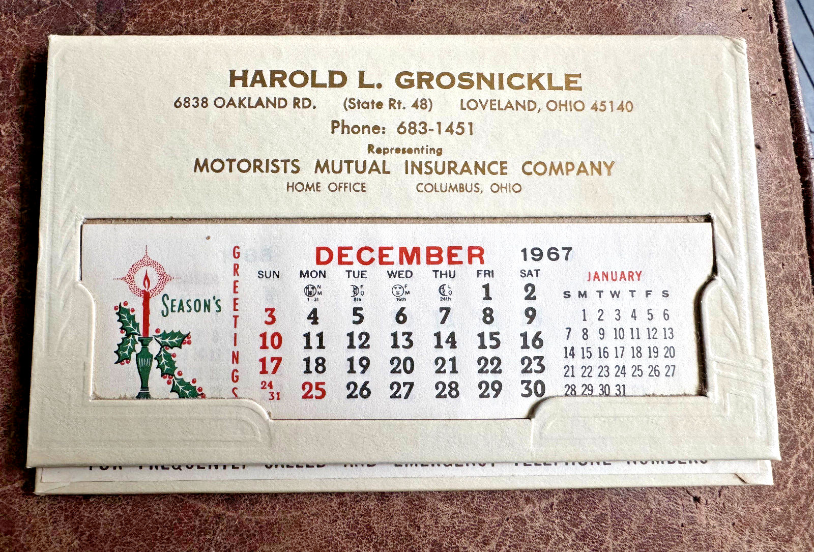 1967 Grosnickle Motorists Mutual Insurance Ohio Unused Advertising Calendar