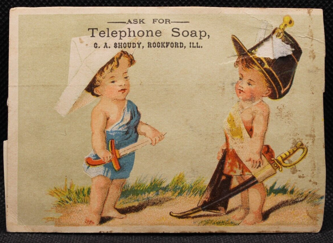 Telephone Soap Victorian Trade Card 4.25×3″ Boys Playing Pretend Soldiers Swords