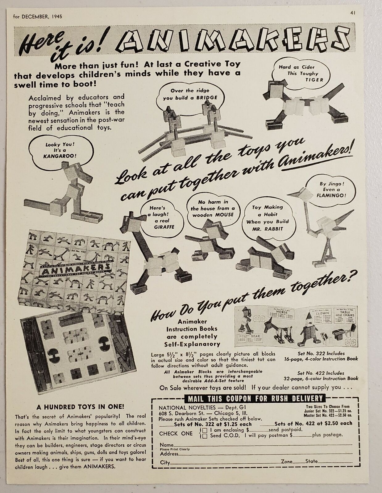 1945 Print Ad Animakers Creative Kids Toys National Novelties Chicago,Illinois