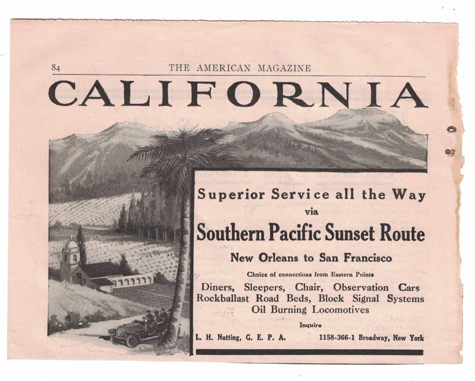 Magazine Ad -California Southern Pacific Sunset Route circa 1910