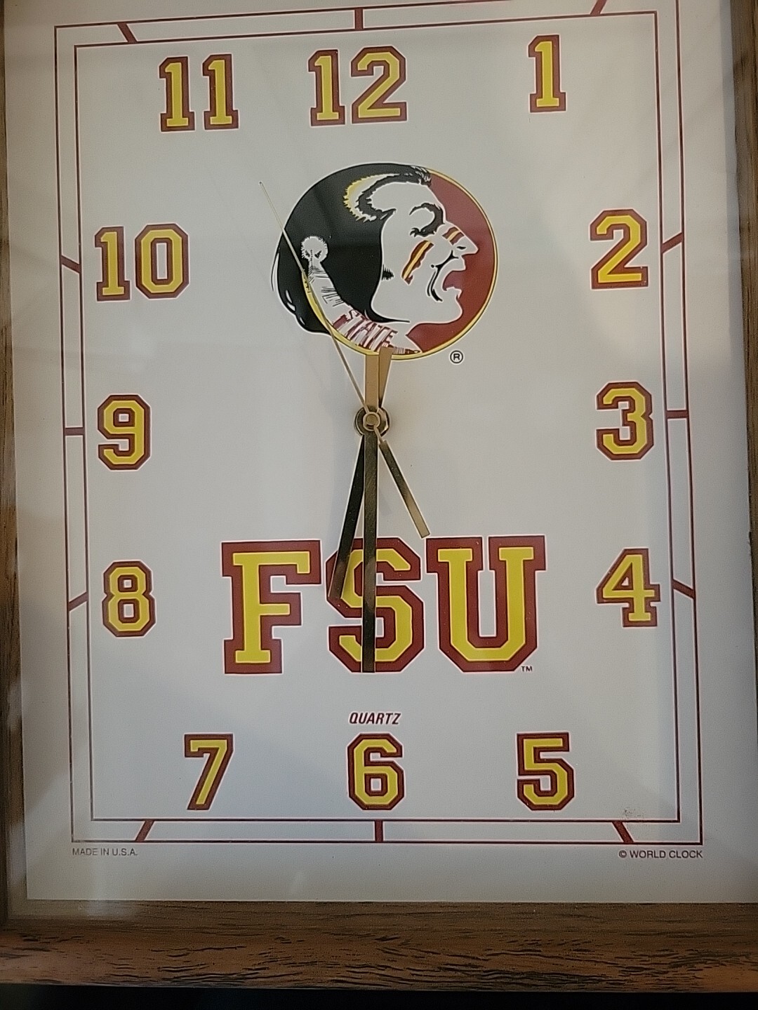 Vintage FSU Seminoles Wood Framed Glass Quartz World Wall Clock 14″ X 11″ USA